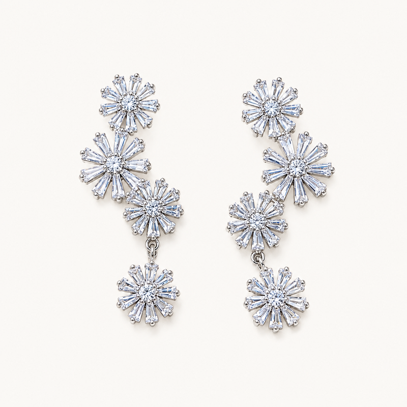 Tehreer Jewels - Crystal Flower Drop Earrings – Silver Tone