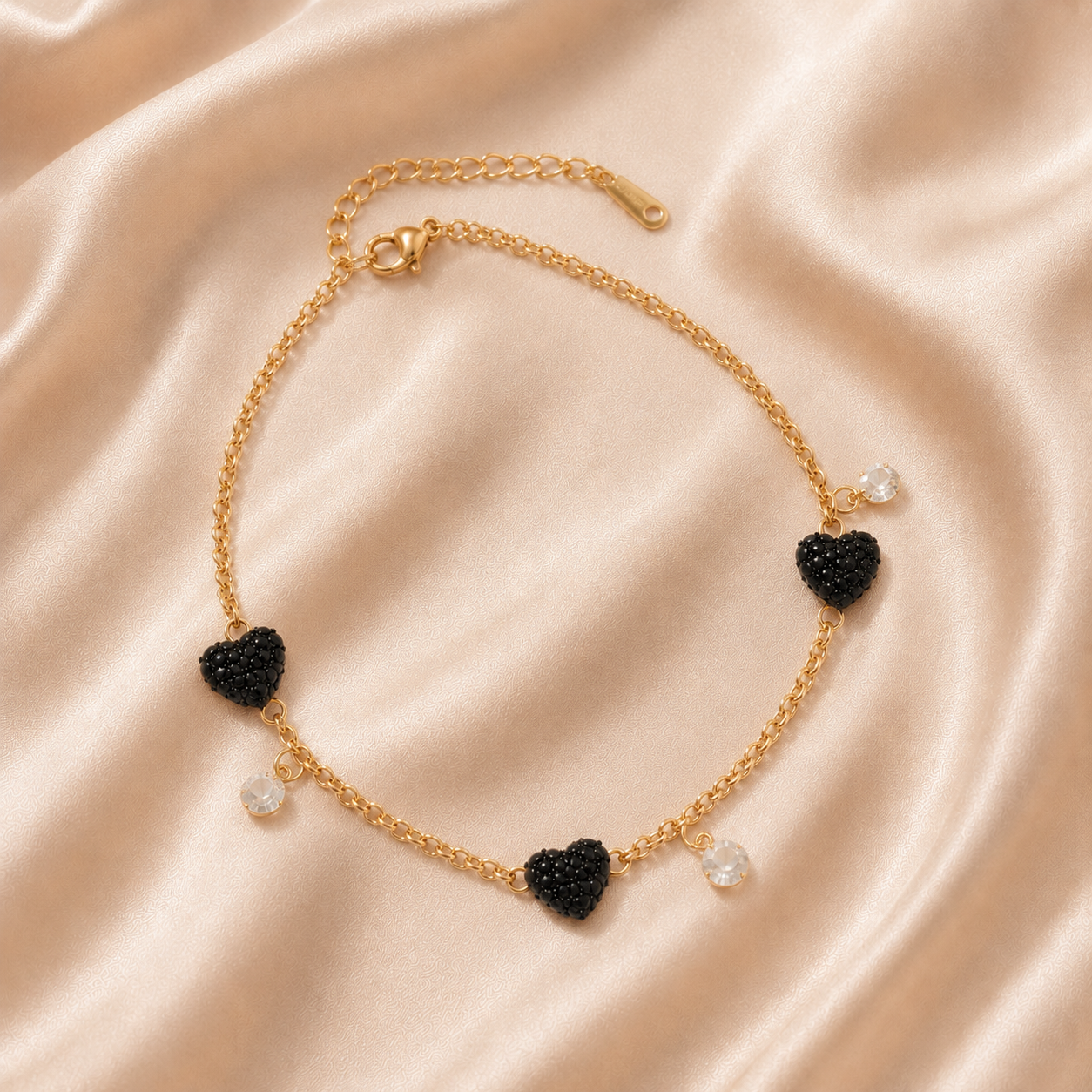 Tehreer Jewels Gold-Tone Bracelet with 3 Black Heart Charms