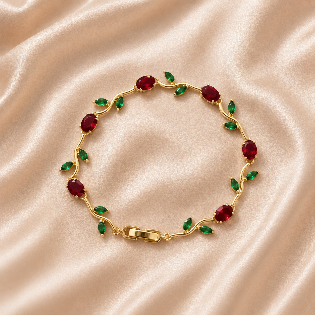 Tehreer Jewels Gold Tulip Bracelet with Red & Green Stones
