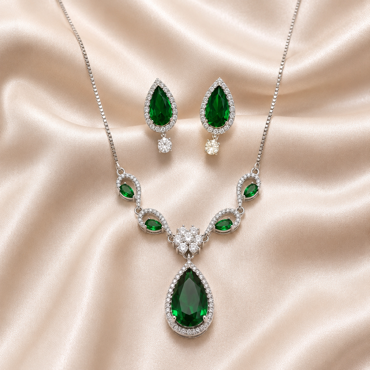 Emerald Green Teardrop Necklace & Earrings Set | Luxury Cubic Zirconia Jewelry for Women
