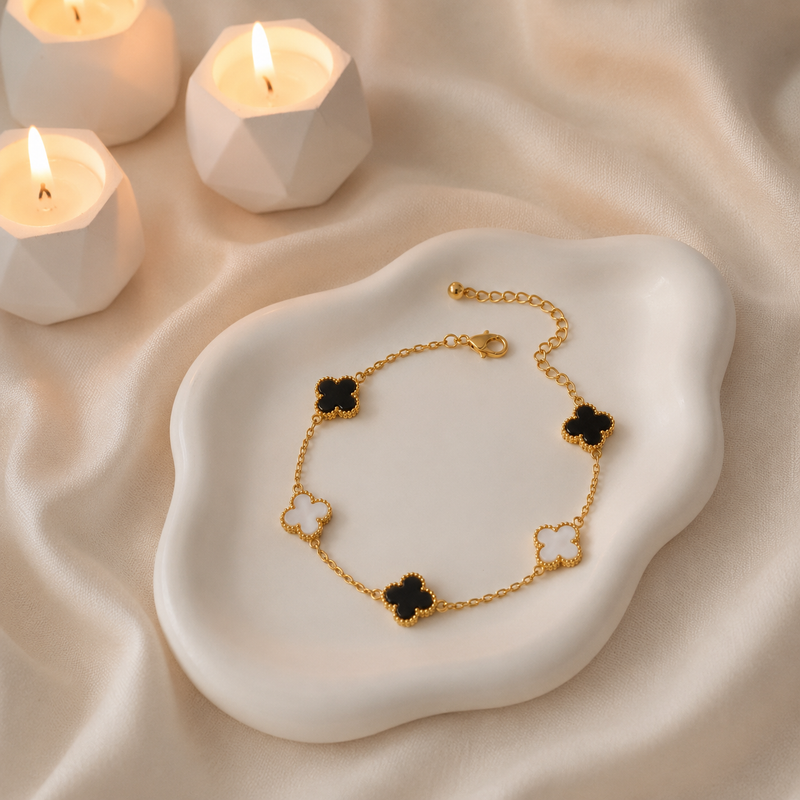 Tehreer Jewels Five Clover Charm Bracelet | Black & White Gold Stainless