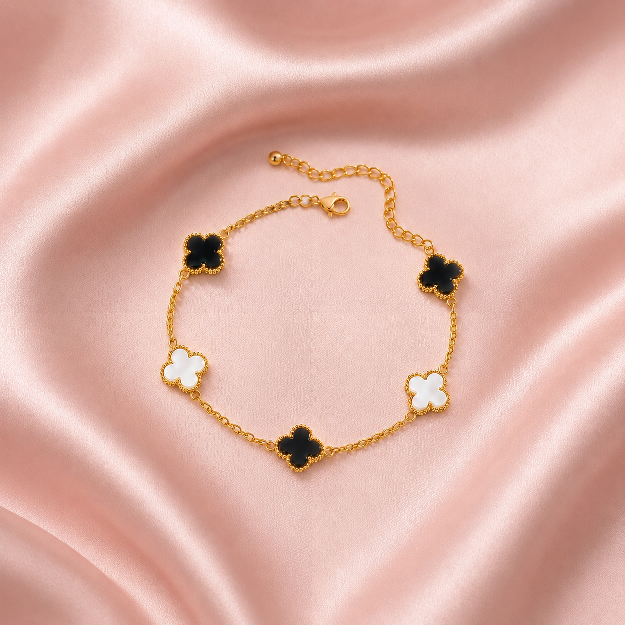 Tehreer Jewels Five Clover Charm Bracelet | Black & White Gold Stainless