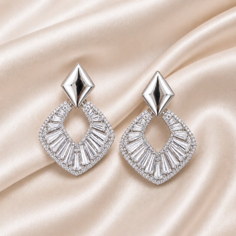 Silver Diamond-Style Statement Earrings for Women