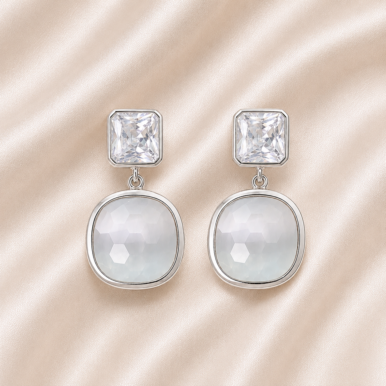 Silver Square Crystal Drop Earrings for Women | Elegant Statement Earrings