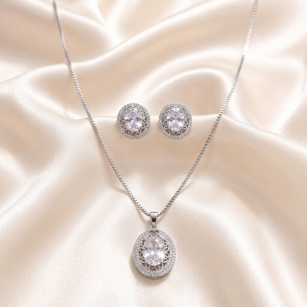 Premium Sterling Silver Oval Cut Cubic Zirconia Pendant Necklace & Topes Set