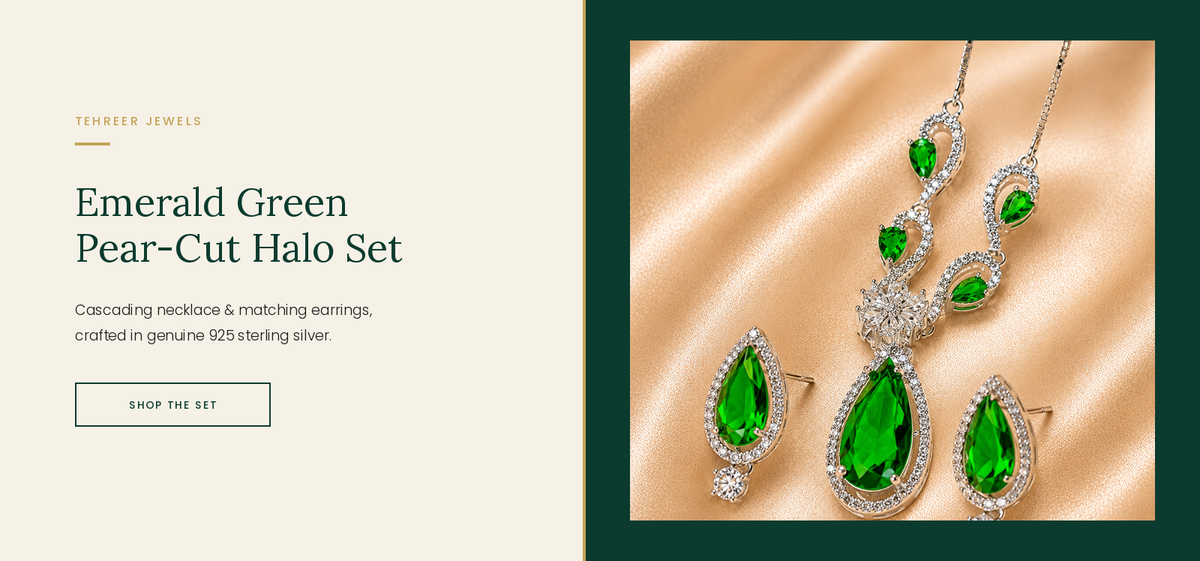 Emerald Green Pear-Cut Halo Necklace & Earrings Set: 925 Sterling Silver