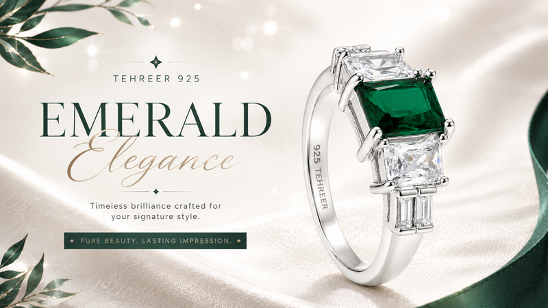Tehreer 925 sterling silver ring with emerald green rectangular center stone and clear side stones, displayed on an elegant luxury jewellery banner.
