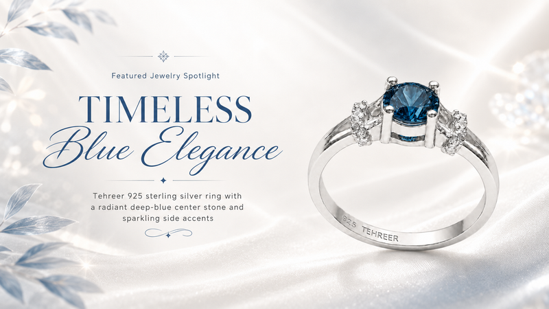 Tehreer 925 sterling silver ring with a deep blue round center stone and sparkling clear side stones, featured in a luxury jewellery banner.
