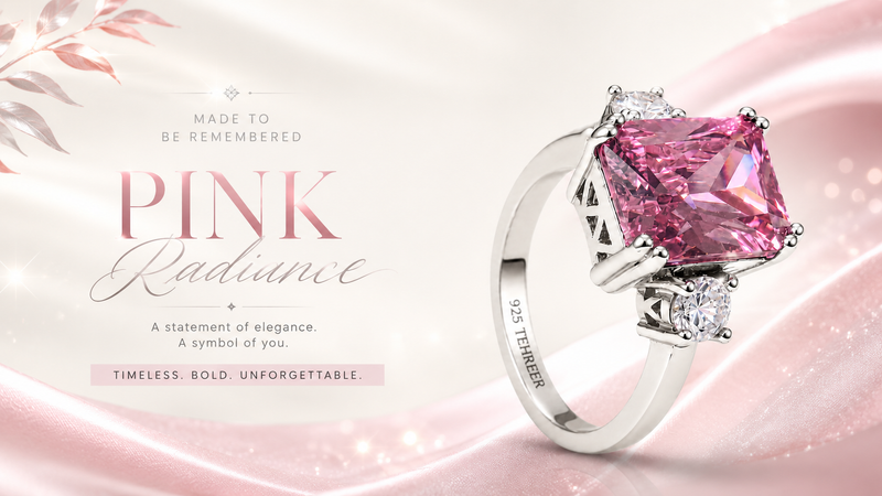 Tehreer Jewels pink radiant-cut stone 925 sterling silver ring with clear side stones on an elegant pink satin luxury banner