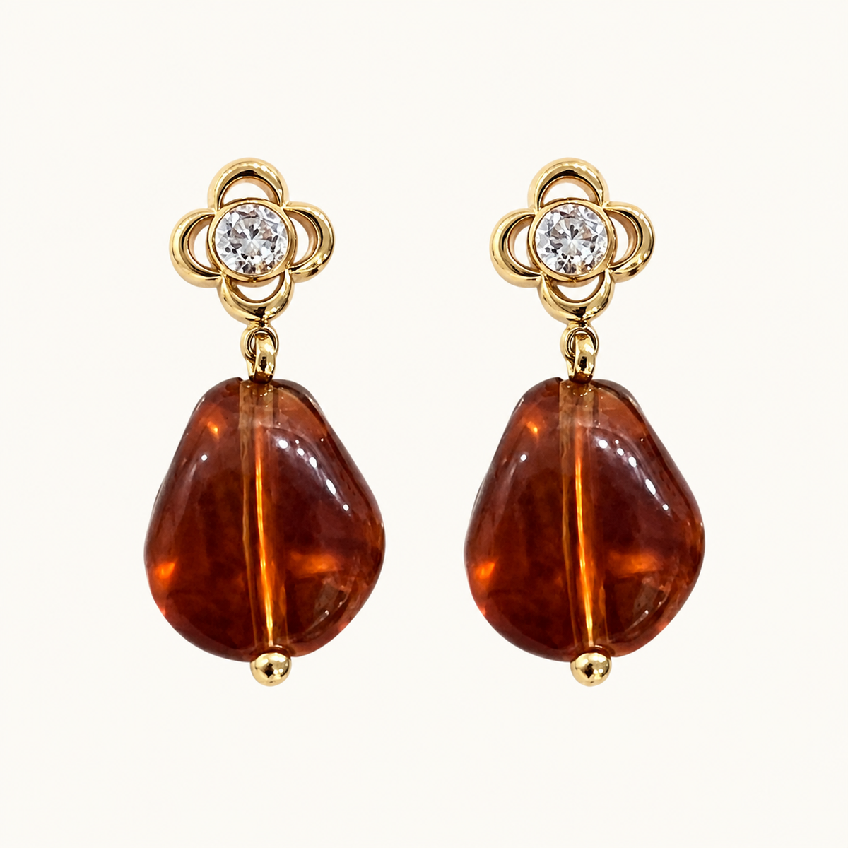 Tehreer Jewels - Amber Teardrop Floral Drop Earrings – Gold Tone