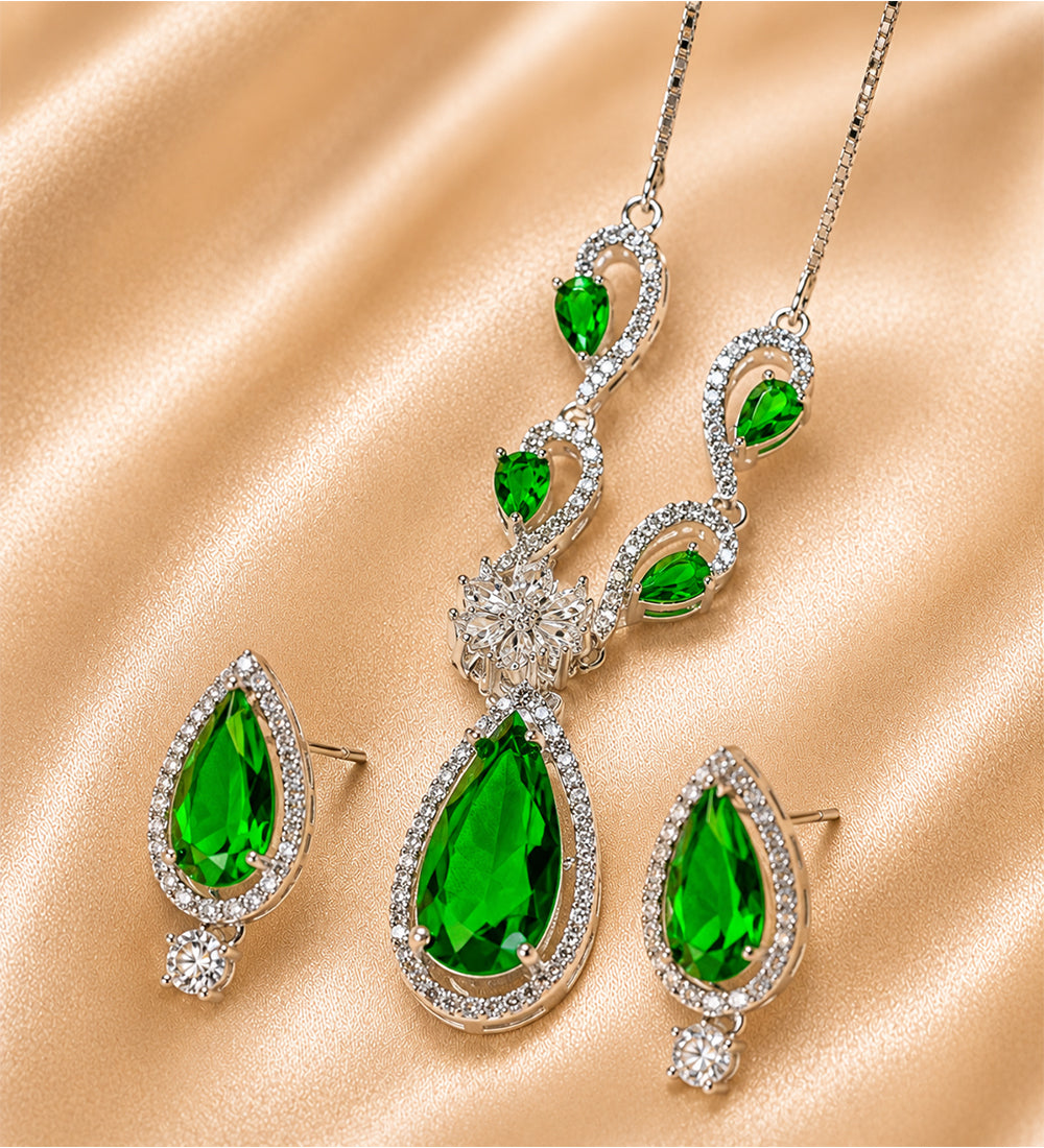 Tehreer Jewels - Emerald Green Teardrop Necklace & Earrings Set For Women