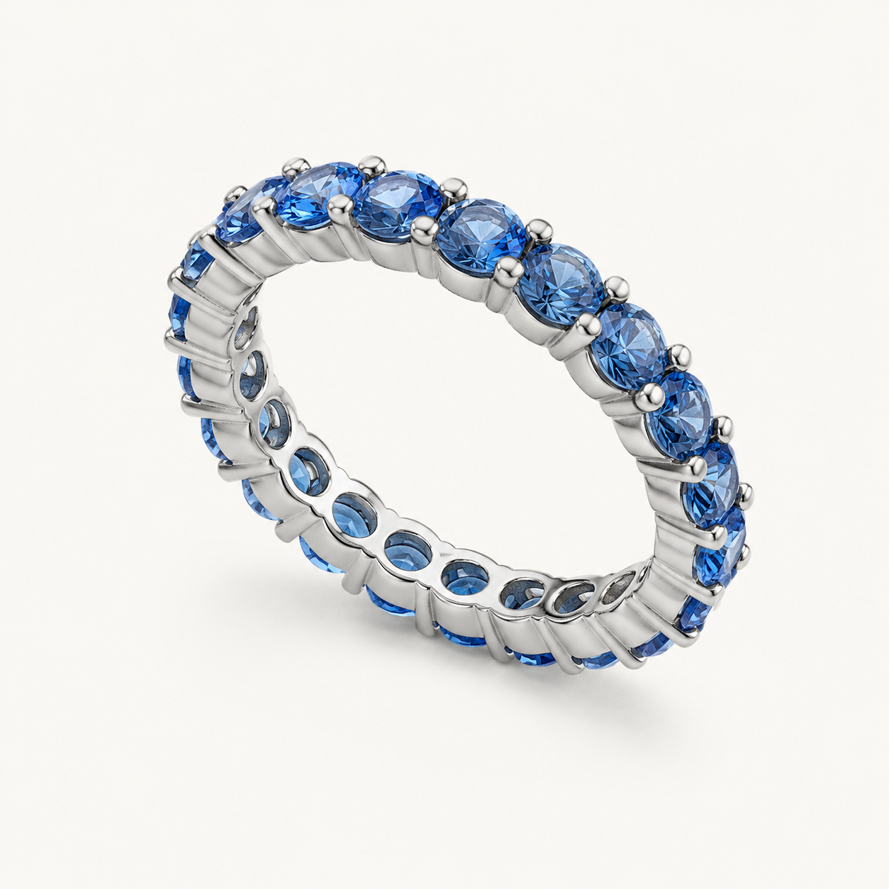 Tehreer Jewels - Blue Round-Cut Eternity Band Ring – Silver Tone