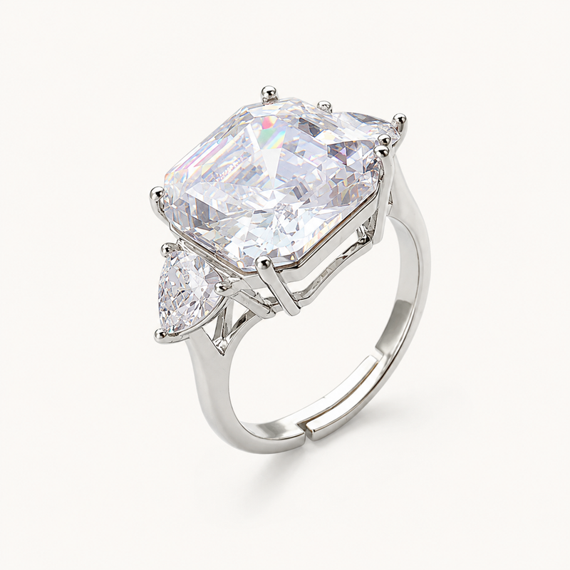 Tehreer Jewels - Celeste Emerald-Cut Three-Stone Stainless Steel Ring