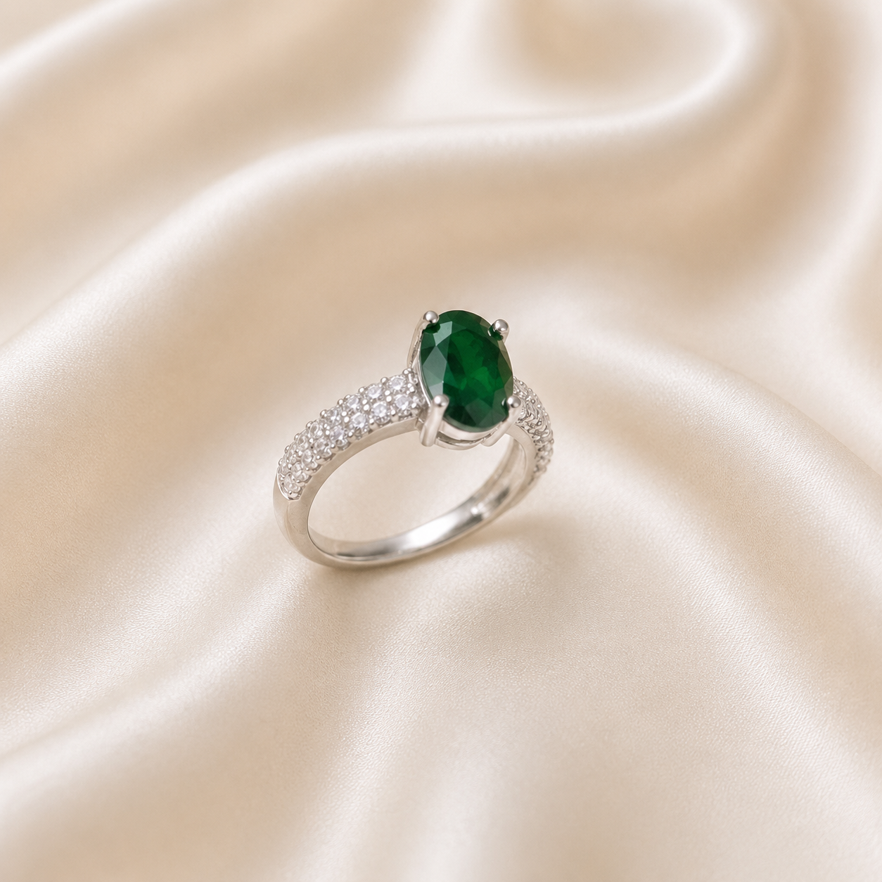 Green Stone Silver Ring for Women | Elegant Oval Crystal Ring
