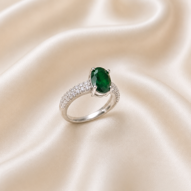 Green Stone Silver Ring for Women | Elegant Oval Crystal Ring