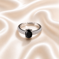 Elegant Black Spinel Solitaire Ring – Silver Adjustable Band