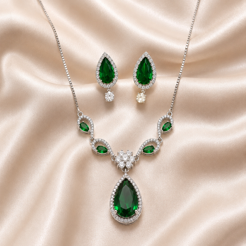Emerald Green Teardrop Necklace & Earrings Set | Luxury Cubic Zirconia Jewelry for Women