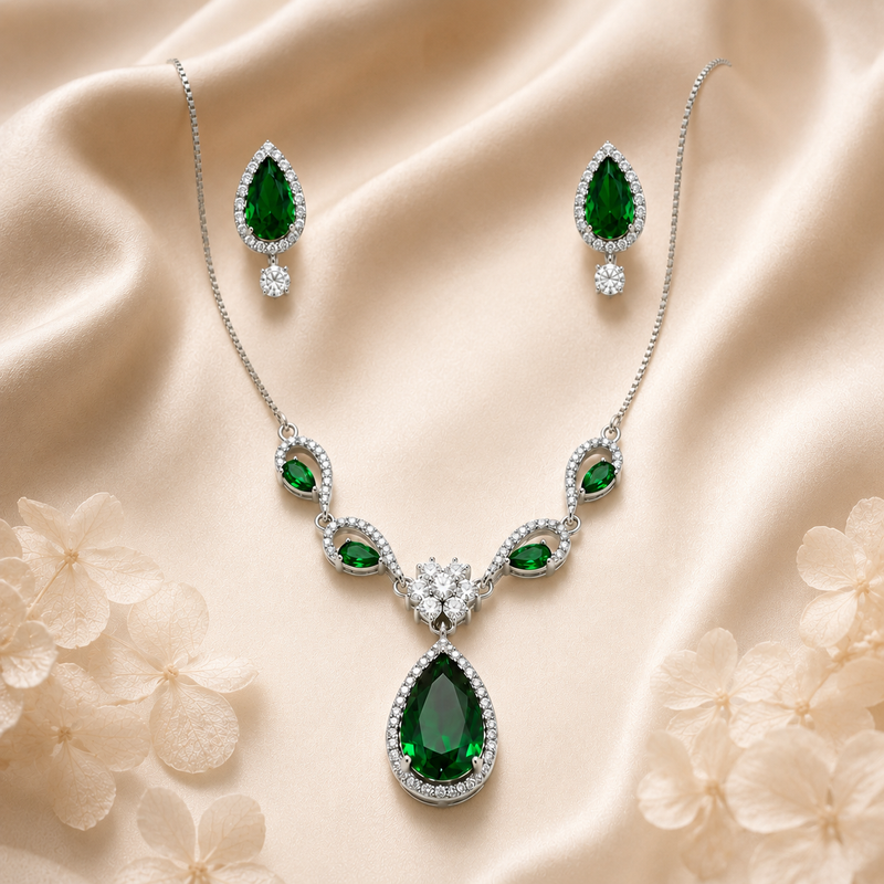 Tehreer Jewels - Emerald Green Teardrop Necklace & Earrings Set For Women