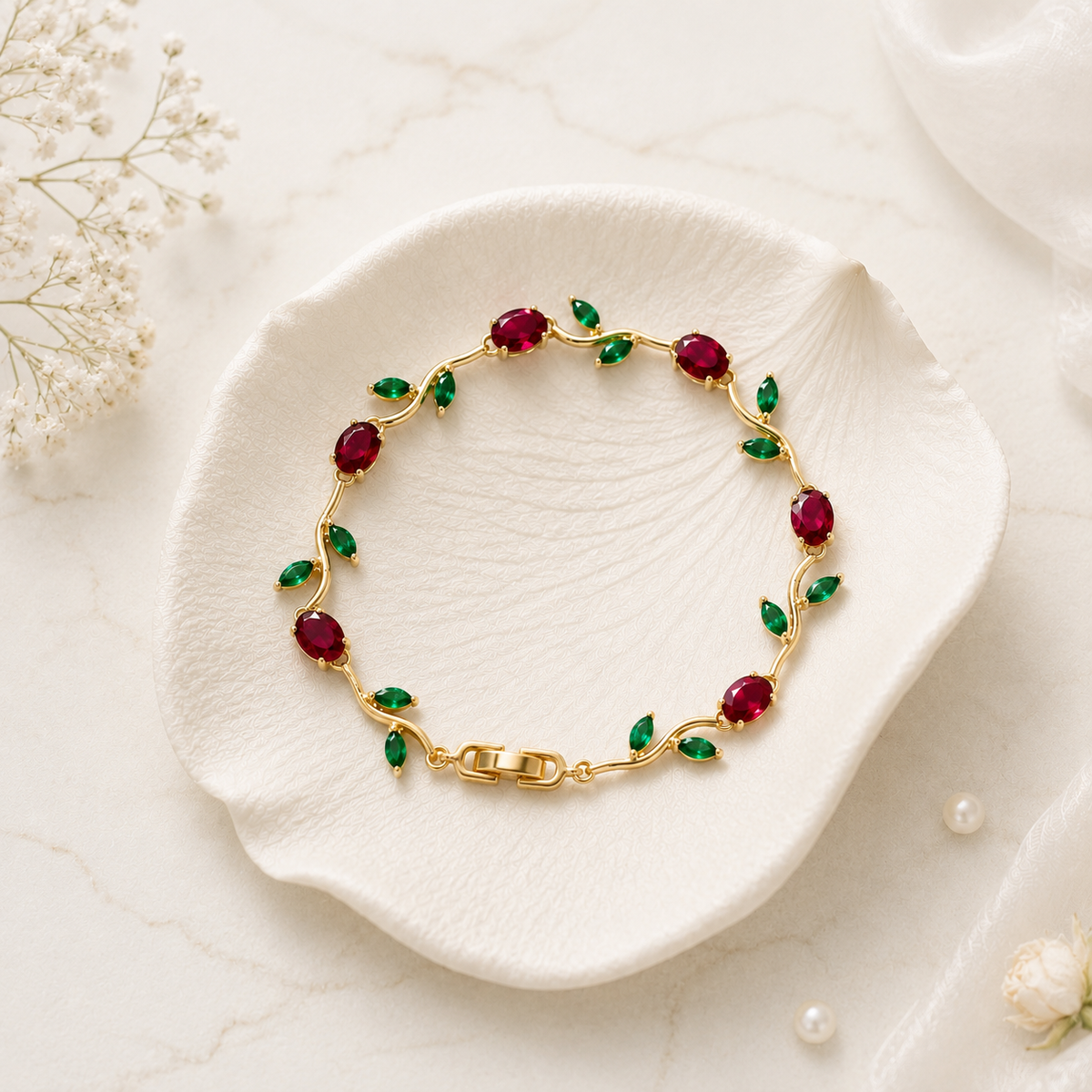 Tehreer Jewels Floral Gold Bracelet with Red & Green Stones