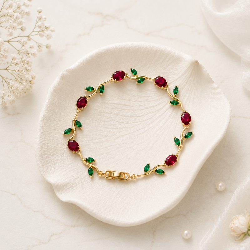 Tehreer Jewels Floral Gold Bracelet with Red & Green Stones