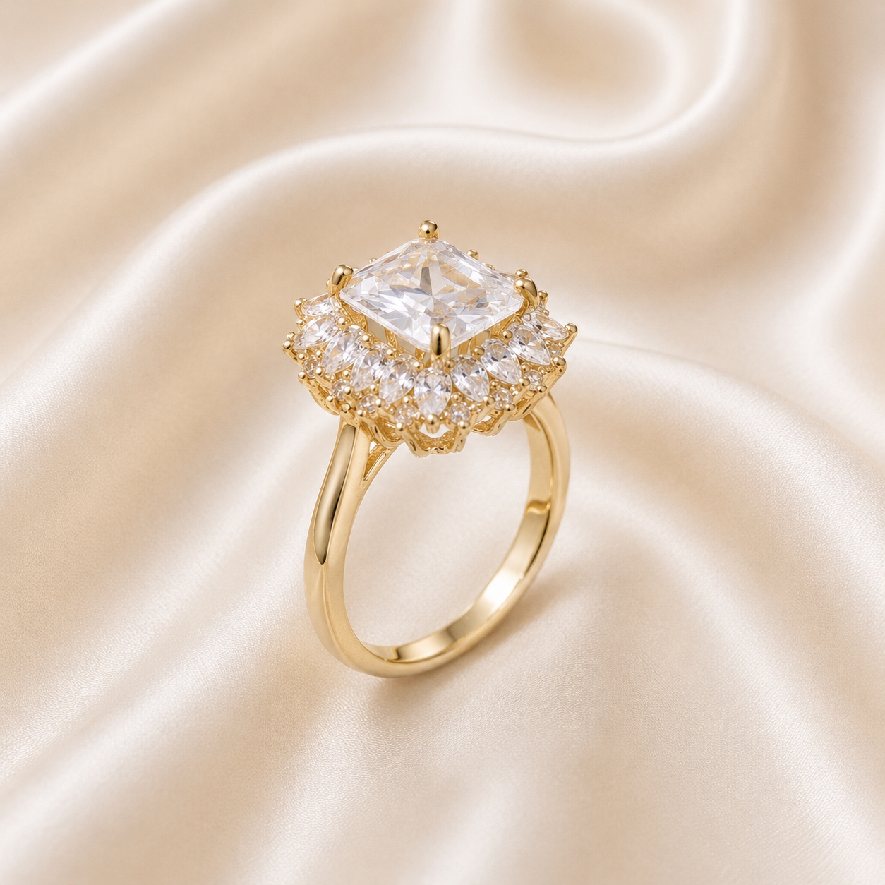 1 Carat Princess Cut Diamond Halo Ring – Gold Plated Engagement Ring for Women