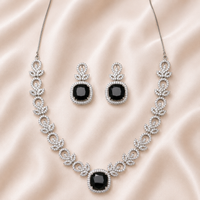Elegant Silver Plated Necklace Set for Women with Black Square Stone | Wedding, Party, Anniversary & Gift Jewelry Set