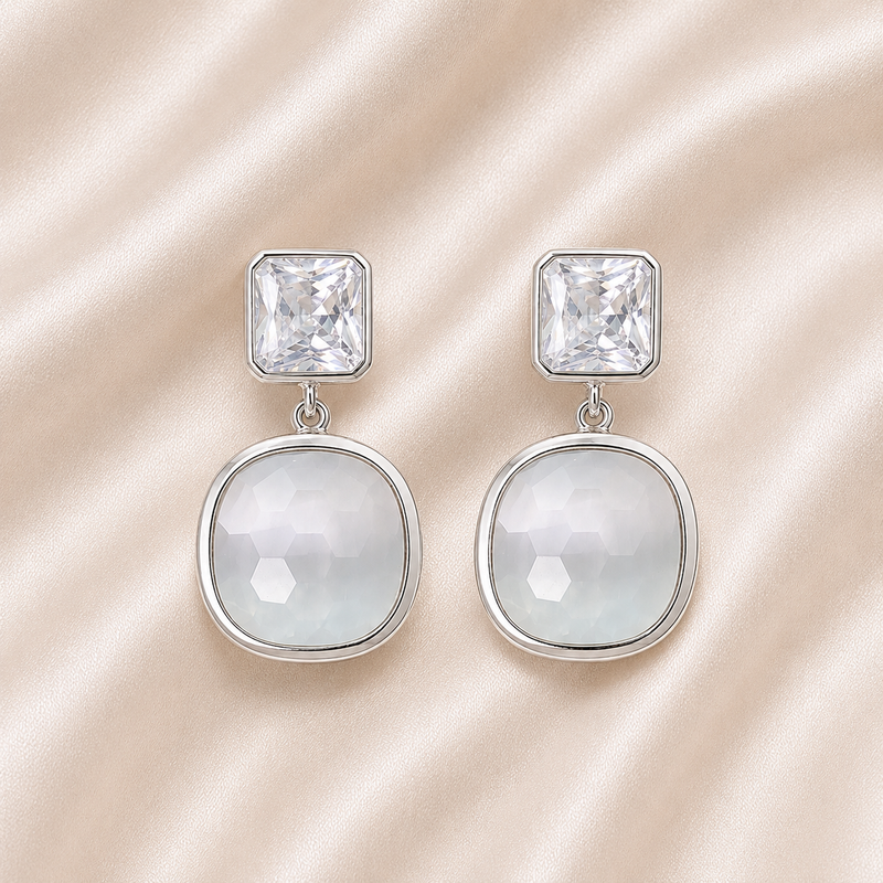 Silver Square Crystal Drop Earrings for Women | Elegant Statement Earrings
