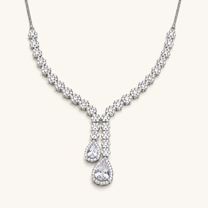 Tehreer Jewels Crystal Teardrop Pendant Necklace | Elegant Silver-Tone Diamond Necklace