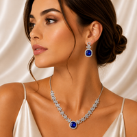 Woman wearing a silver necklace and earrings with blue gemstones, Necklace Set For Women
