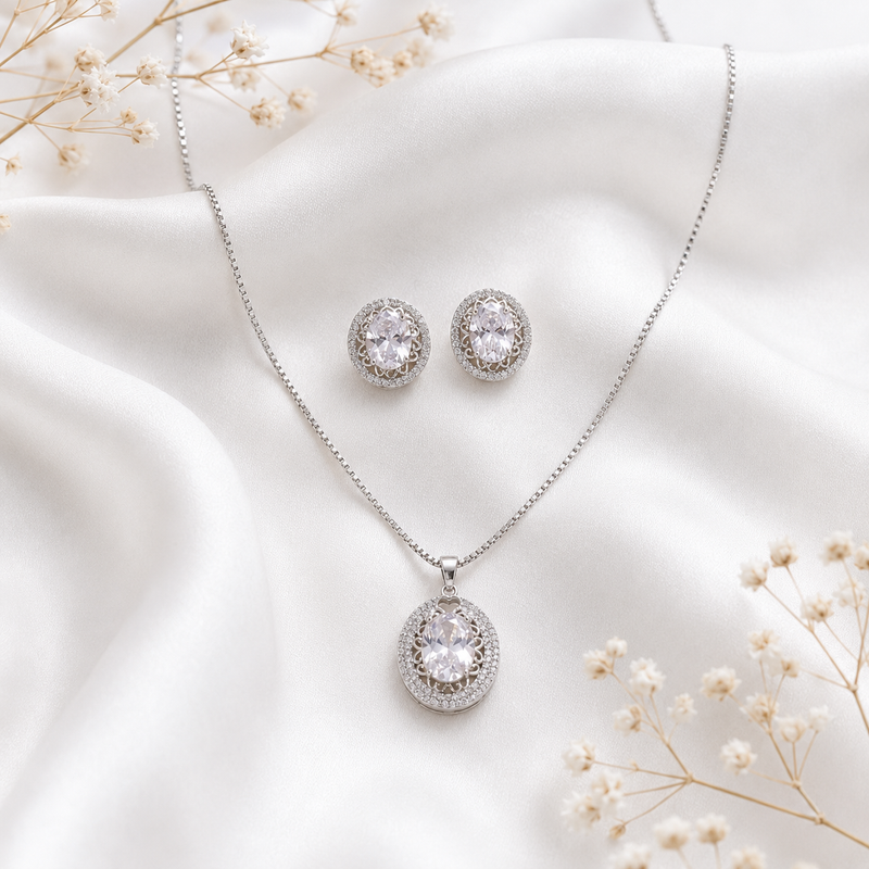 Tehreer Jewels - Premium Sterling Silver, Pendant Necklace Set For Women