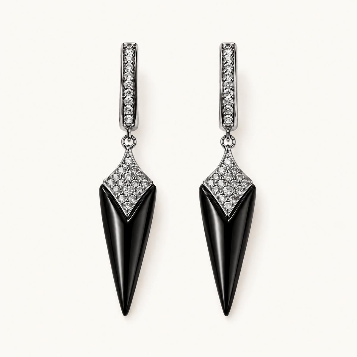 Tehreer Jewels - Black Crystal Spike Drop Earrings – Silver Tone