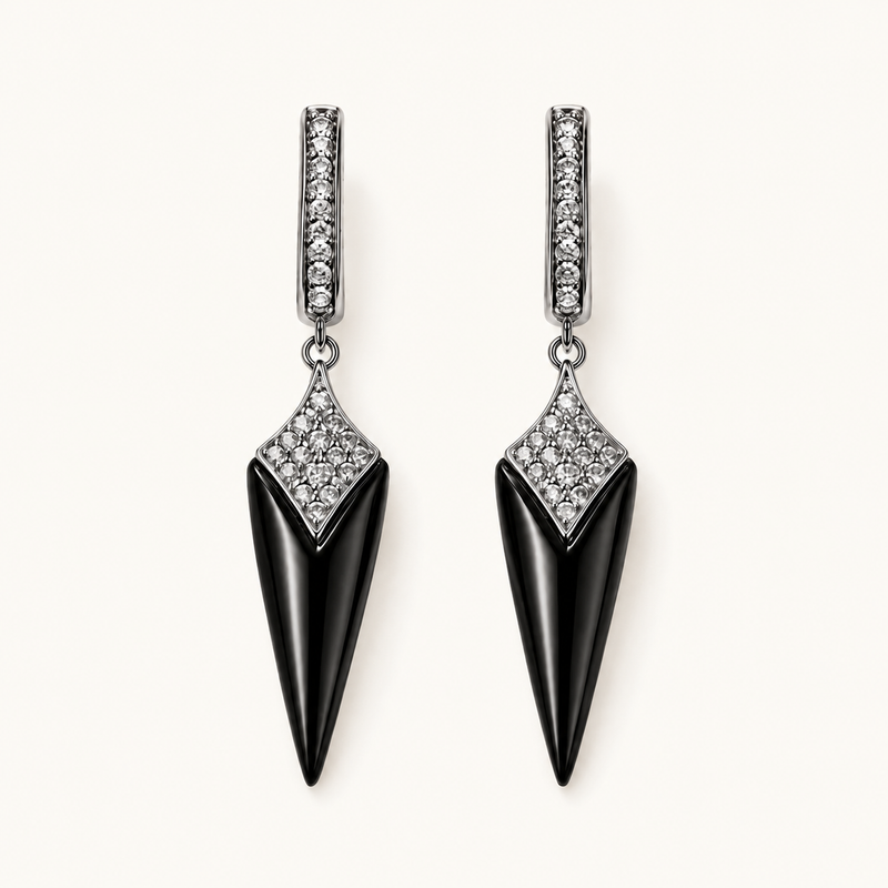 Tehreer Jewels - Black Crystal Spike Drop Earrings – Silver Tone