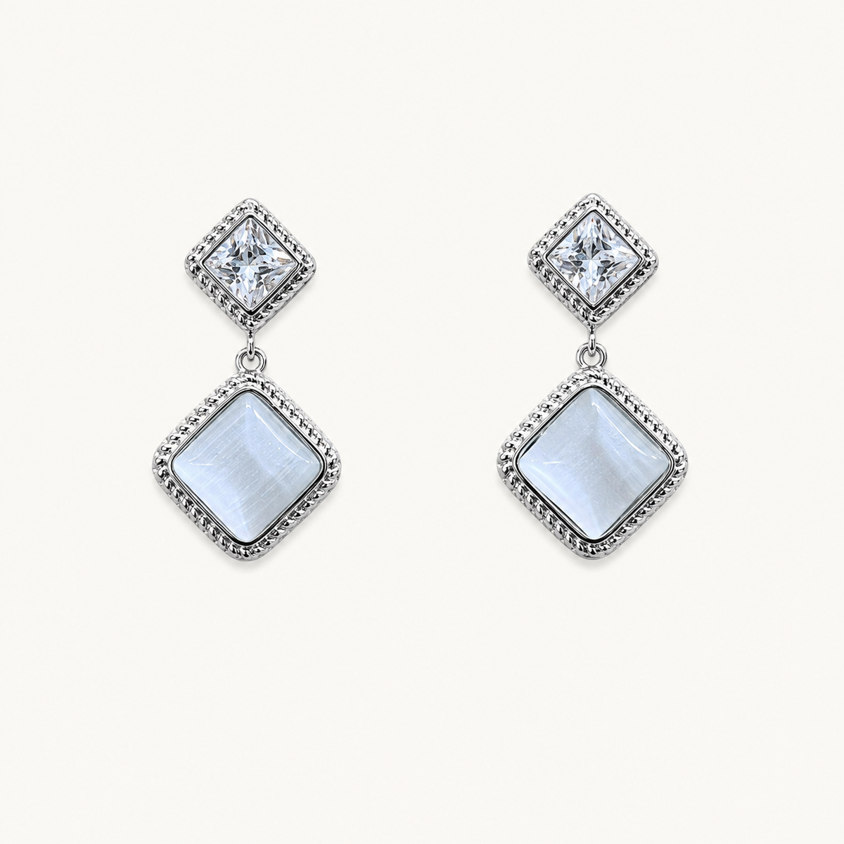 Tehreer Jewels - Opalescent Square Drop Earrings – Silver Tone