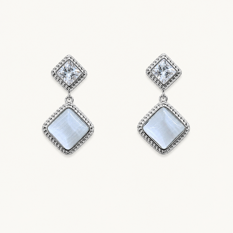 Tehreer Jewels - Opalescent Square Drop Earrings – Silver Tone