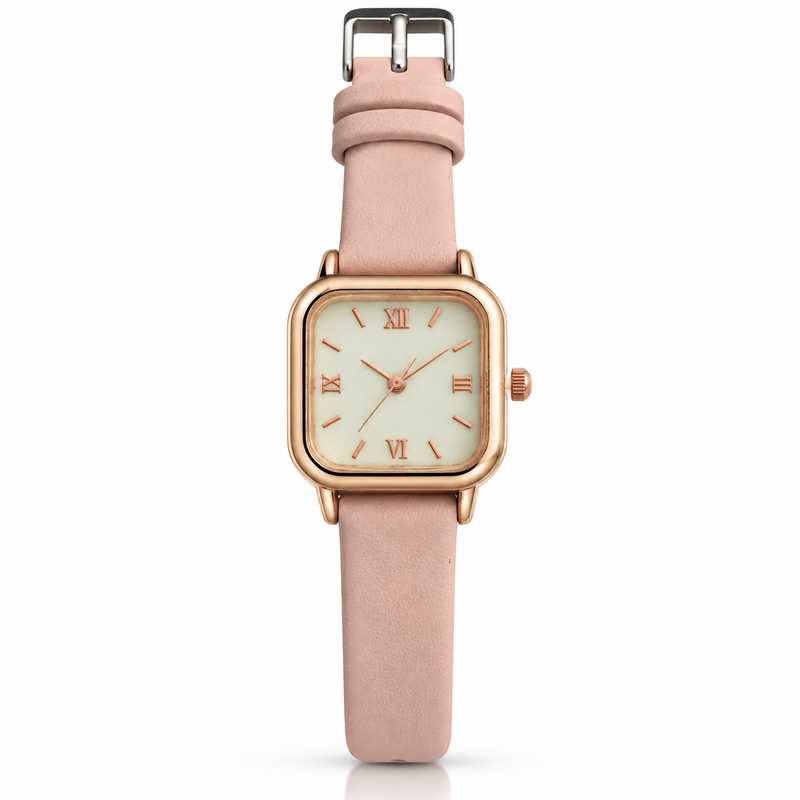 Tehreer Jewels Rose Gold Square Women's Watch | Elegant Pink Leather Strap Luxury Fashion Timepiece