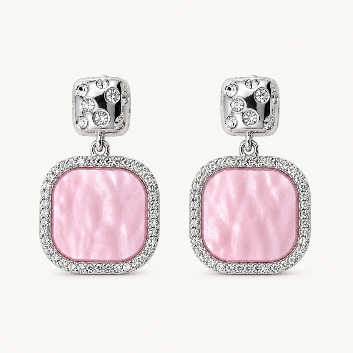 Tehreer Jewels – Pink Pearlescent Crystal Drop Earrings – Silver Tone