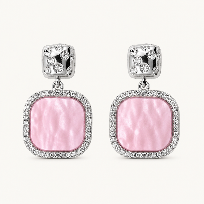 Tehreer Jewels – Pink Pearlescent Crystal Drop Earrings – Silver Tone