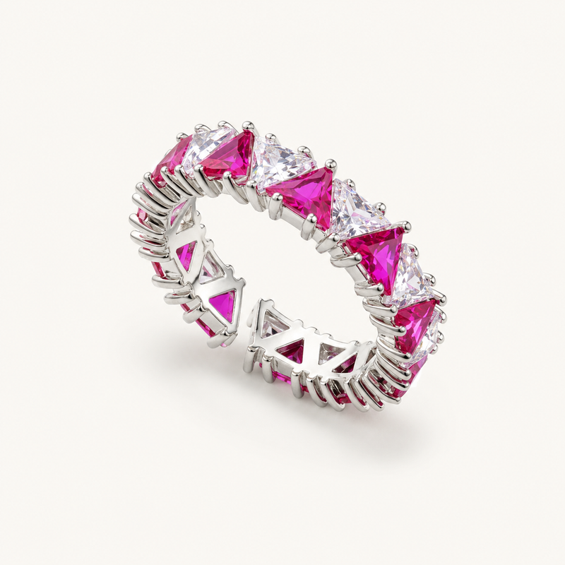 Tehreer Jewels - Pink & Clear Triangle Eternity Band Ring – Silver Tone