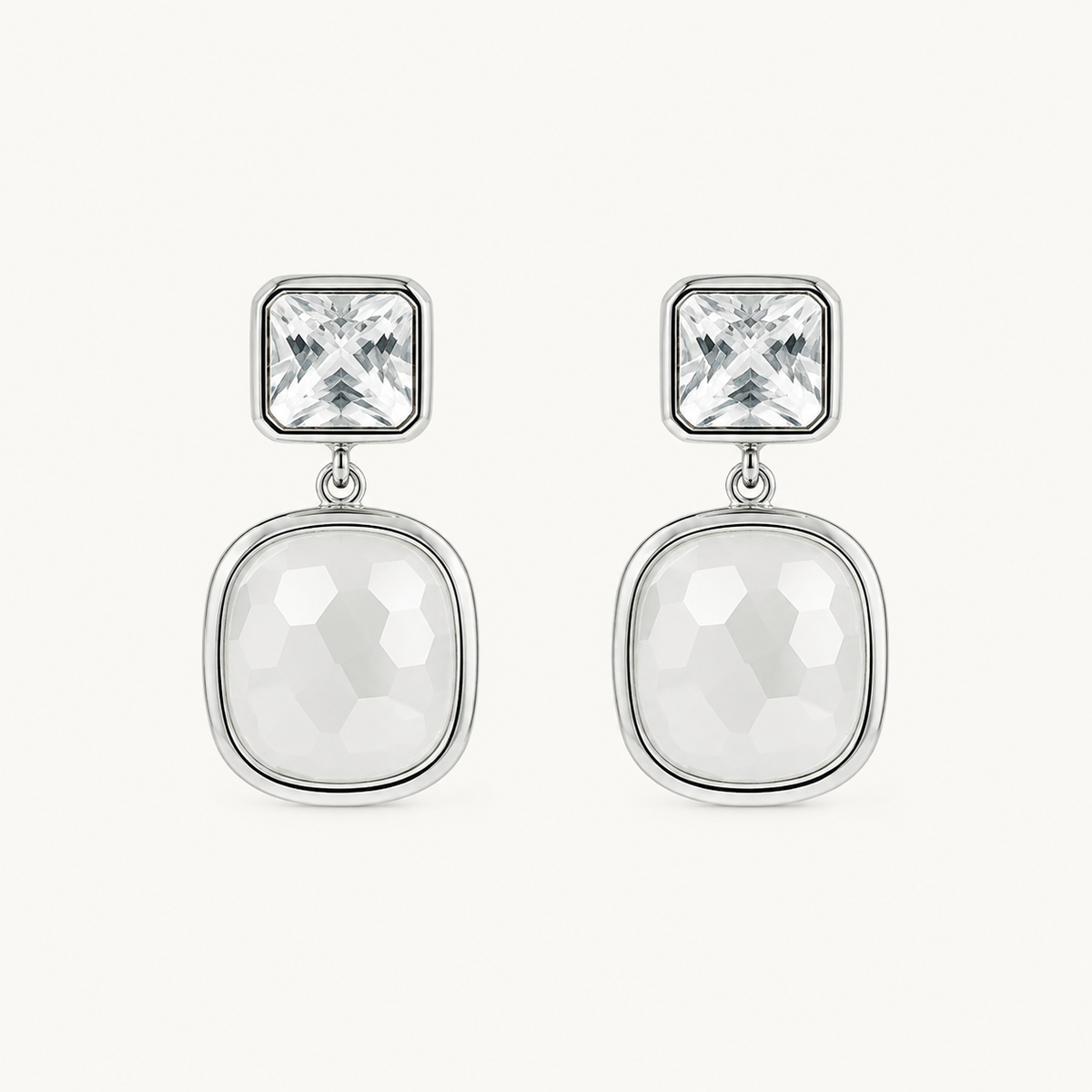 Tehreer Jewels White Faceted Square Drop Earrings – Silver Tone