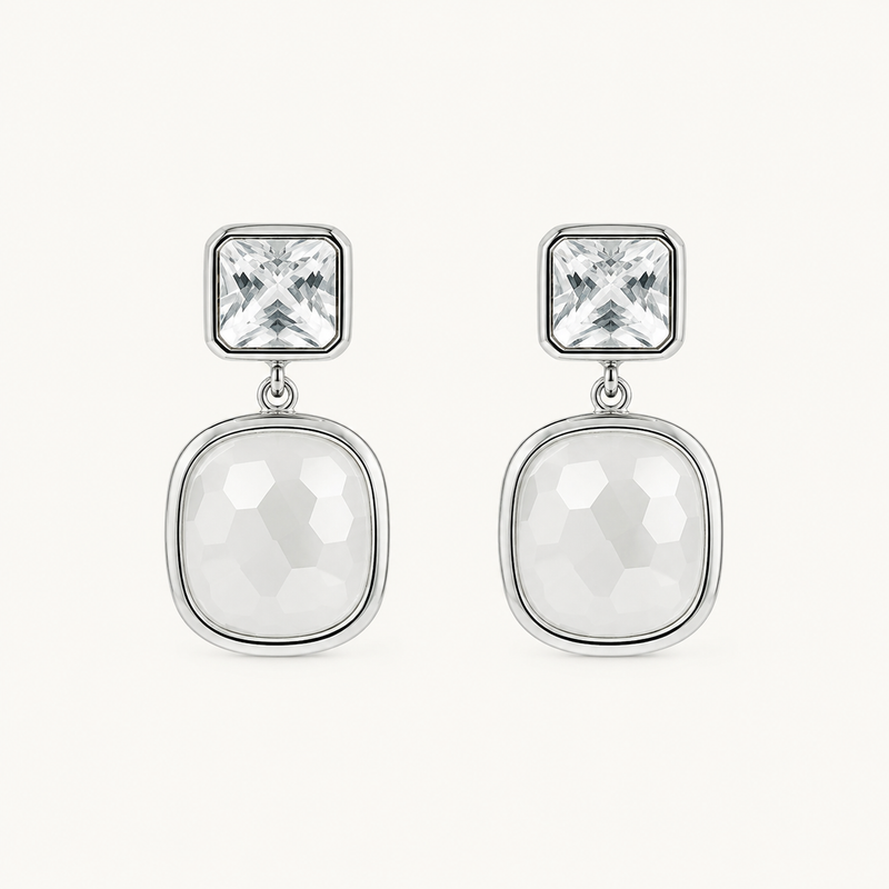 Tehreer Jewels White Faceted Square Drop Earrings – Silver Tone