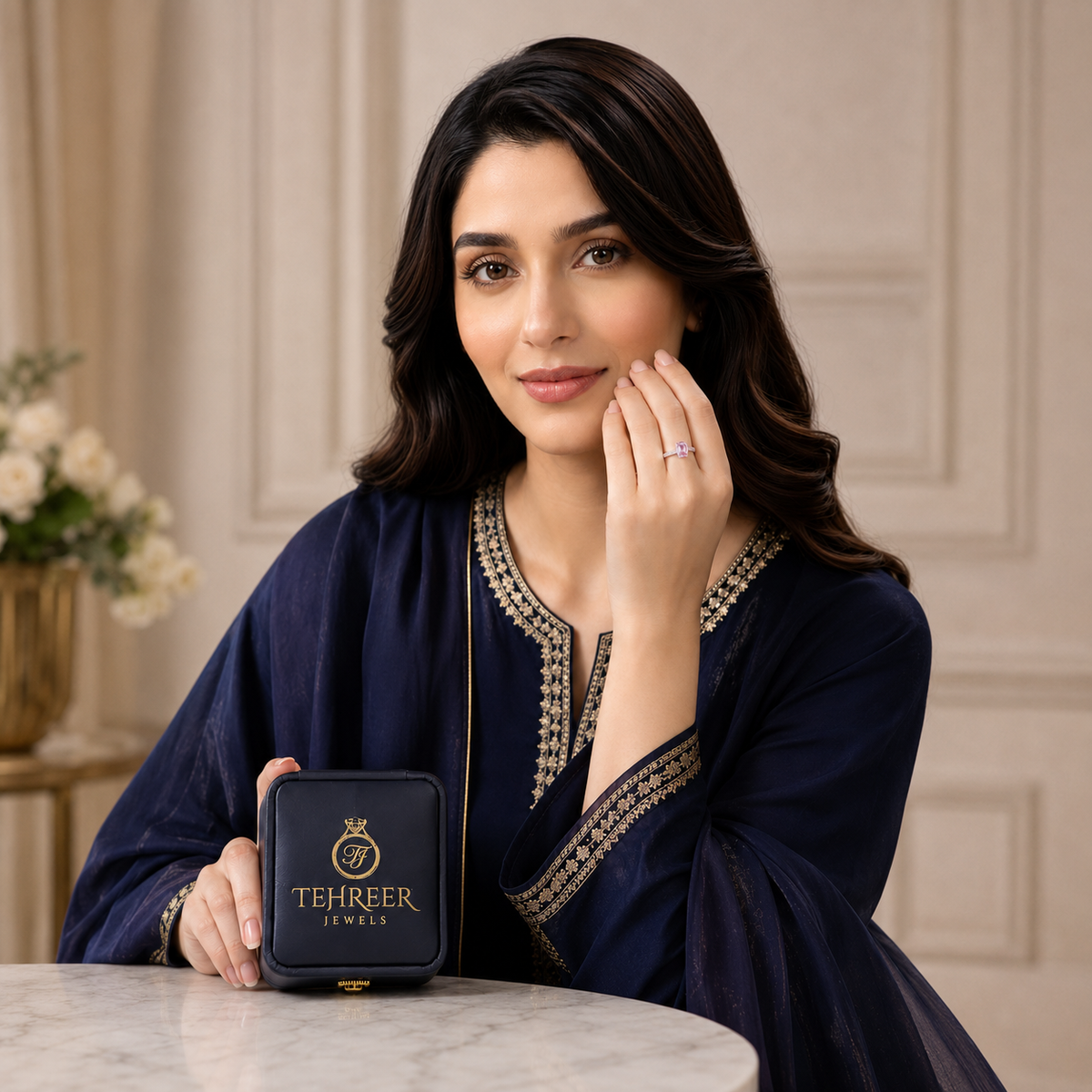 Woman wearing gold necklace design and earrings for women - Tehreer Jewels