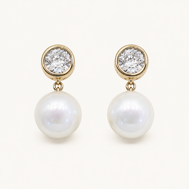 Tehreer Jewels - Classic Pearl Drop Earrings with Crystal Stud – Gold Tone